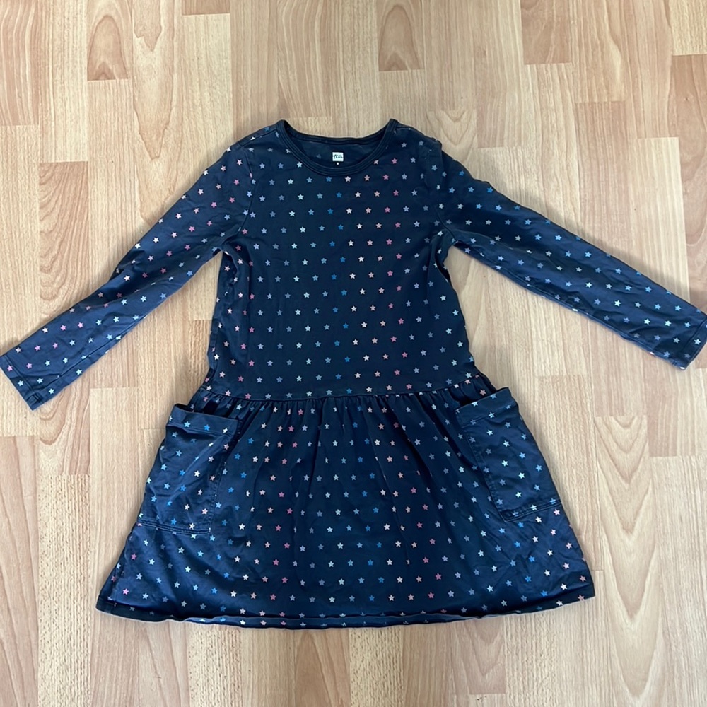 Girls Tea Collection long sleeve dress. Grey with rainbow stars.